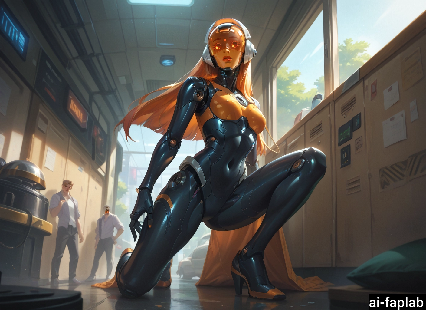 high heels, bodysuit, 1girl, skin tight, multiple boys, one knee · Yamete.gg
