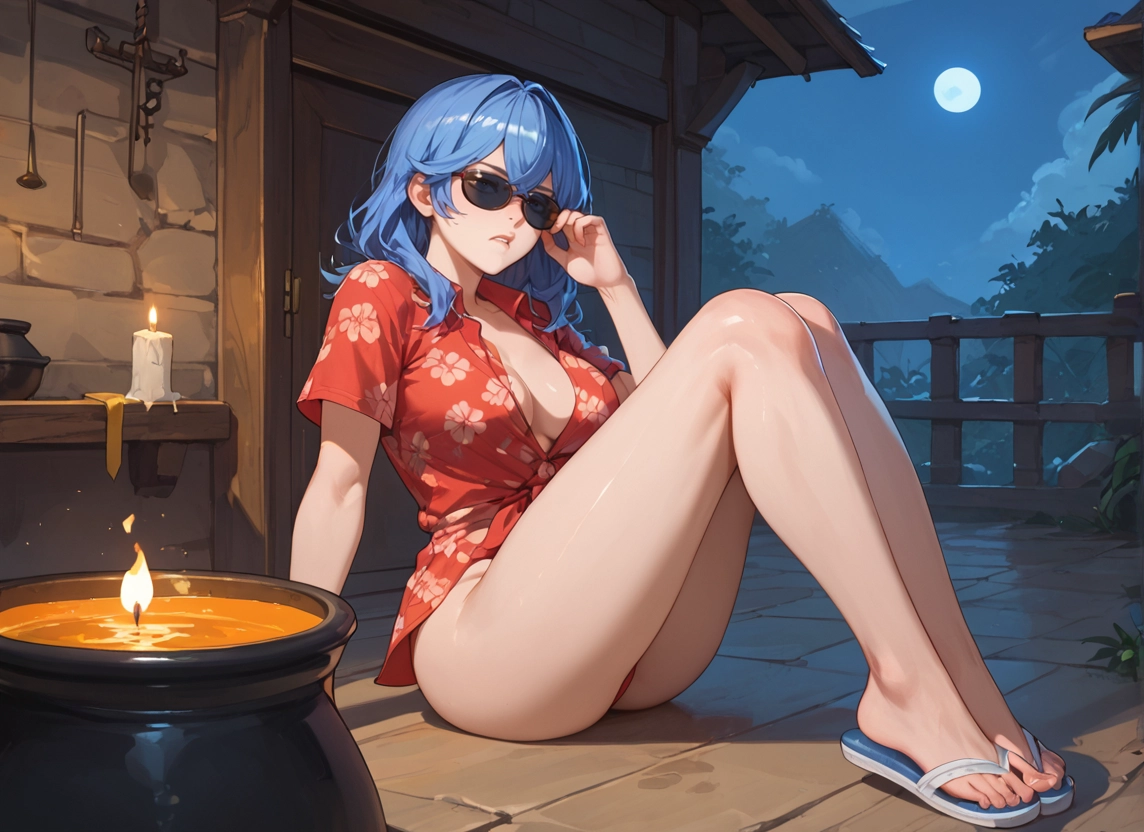 1girl, breasts, sunglasses, moon, blue hair, shirt · Yamete.gg