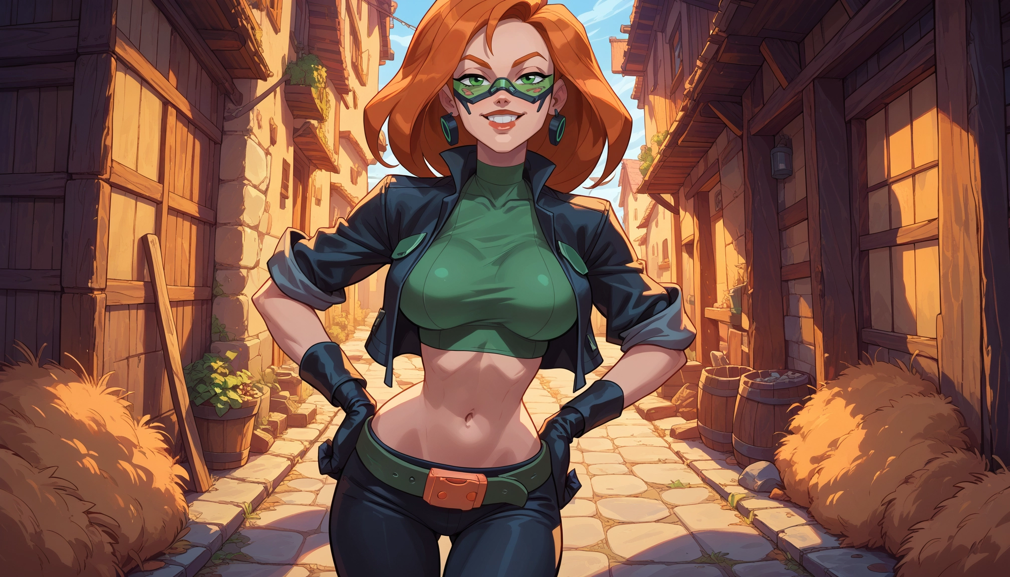 1girl, breasts, gloves, solo, crop top, navel · Yamete.gg