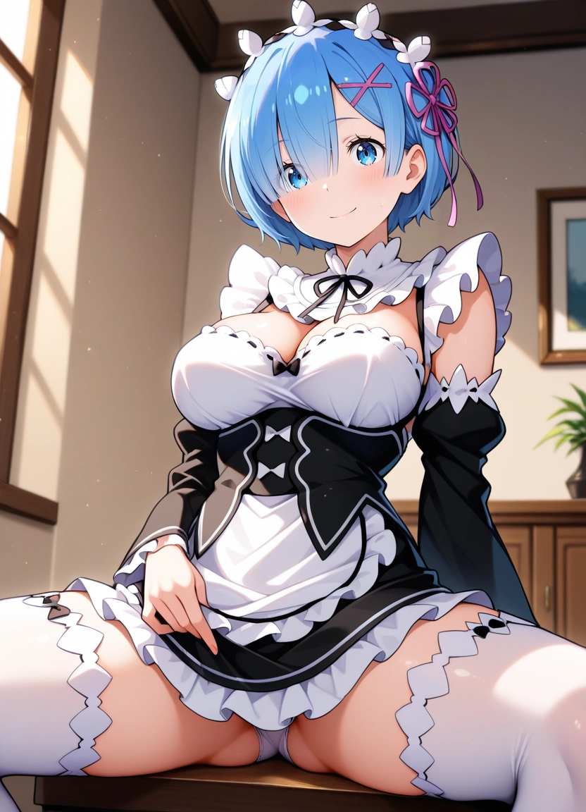 1girl, breasts, rem (re:zero), solo, roswaal mansion maid uniform, blue eyes · Yamete.gg