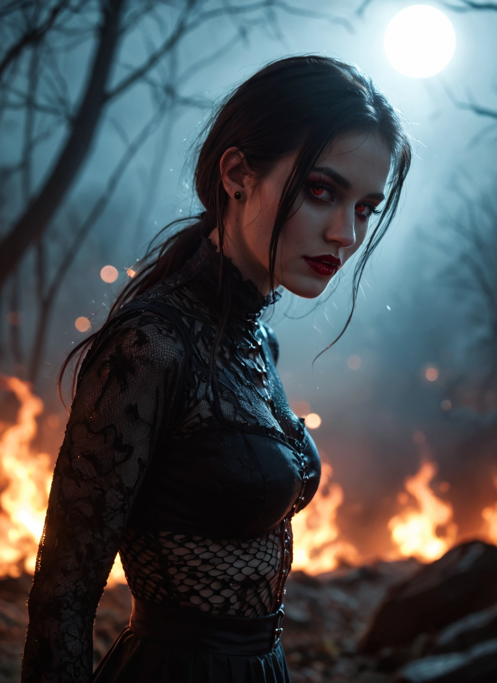 1girl, solo, jewelry, earrings, moon, red eyes · Yamete.gg