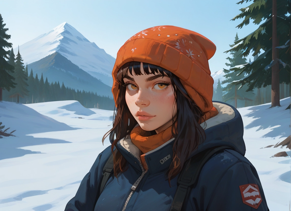 1girl, solo, snow, hat, beanie, looking at viewer