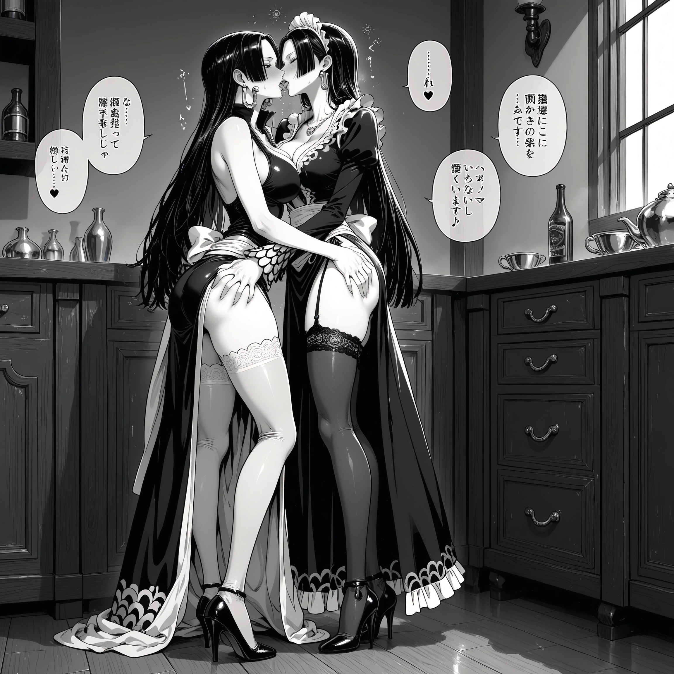 multiple girls, 2girls, monochrome, greyscale, thighhighs, breasts · Yamete.gg