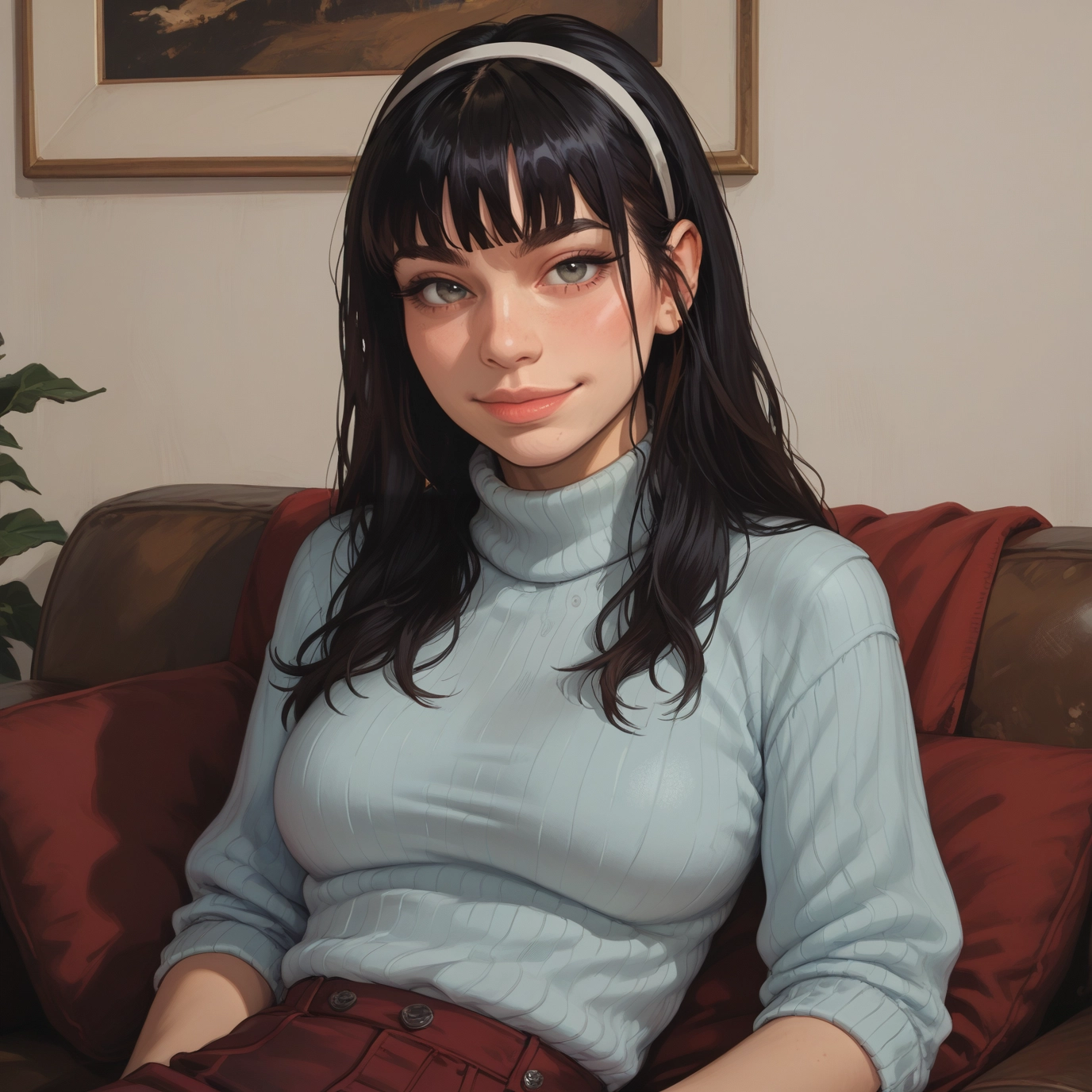 1girl, solo, black hair, sweater, hairband, looking at viewer · Yamete.gg