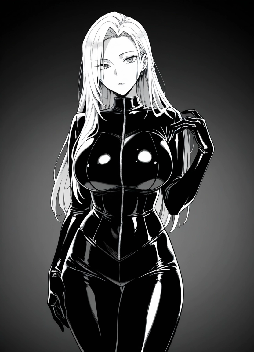 1girl, monochrome, greyscale, long hair, breasts, bodysuit · Yamete.gg