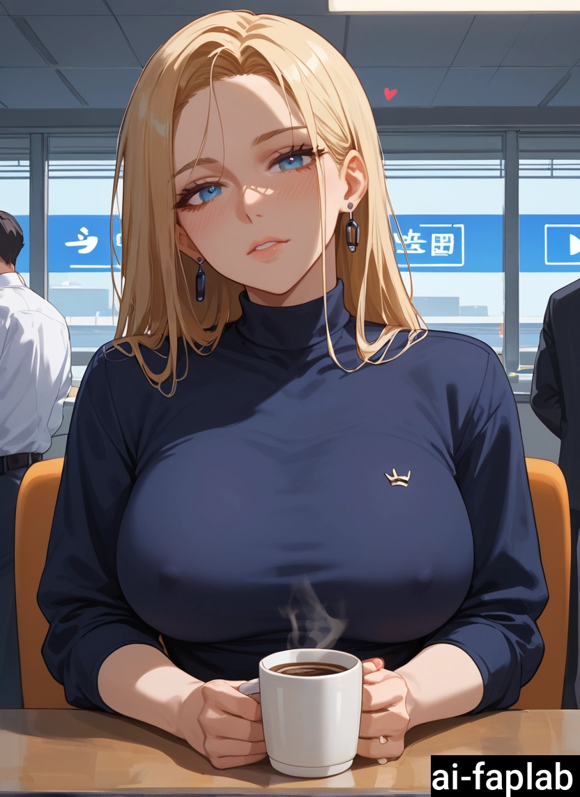 breasts, blonde hair, 1girl, cup, jewelry, blue eyes