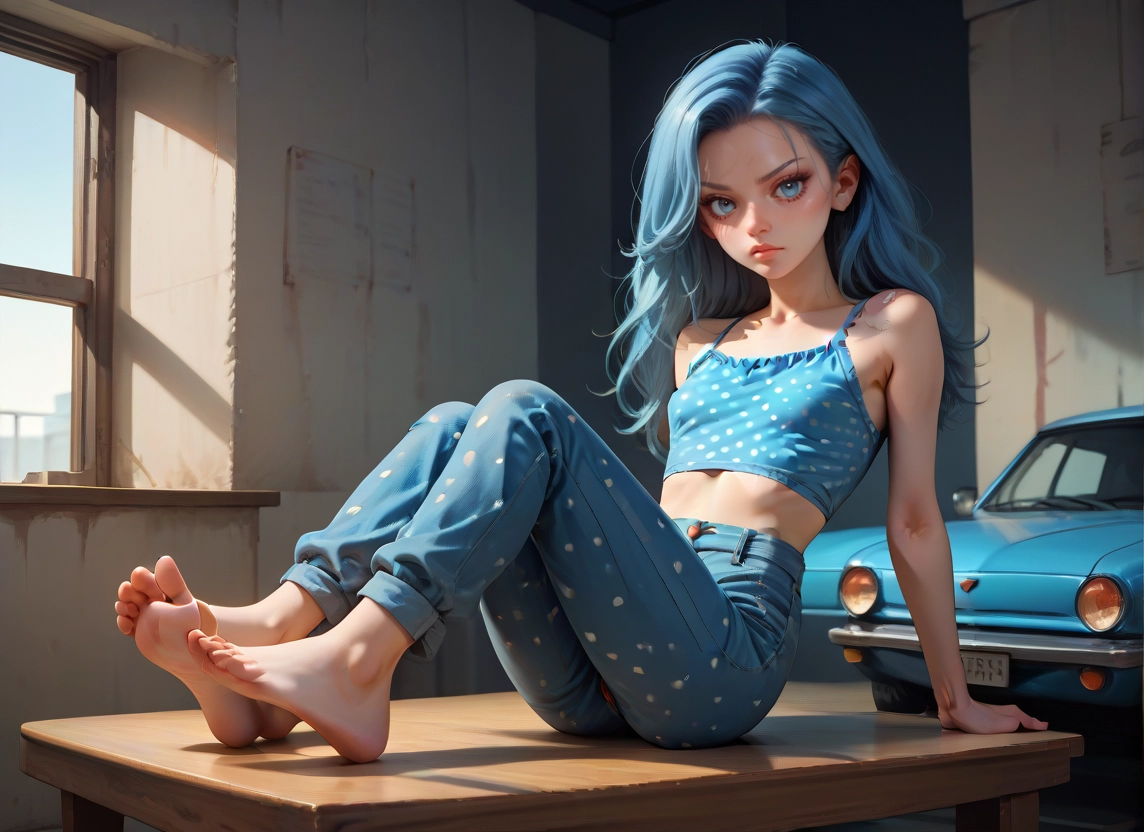 1girl, barefoot, feet, car, pants, ground vehicle · Yamete.gg