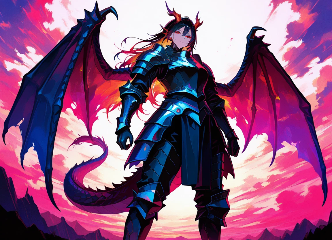 1girl, armor, horns, tail, wings, dragon tail