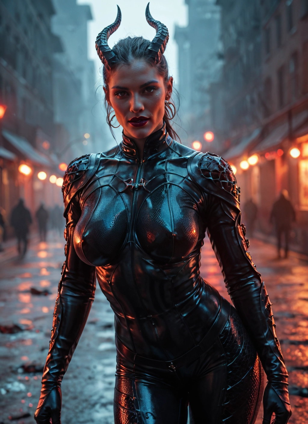 1girl, horns, bodysuit, breasts, looking at viewer, latex · Yamete.gg