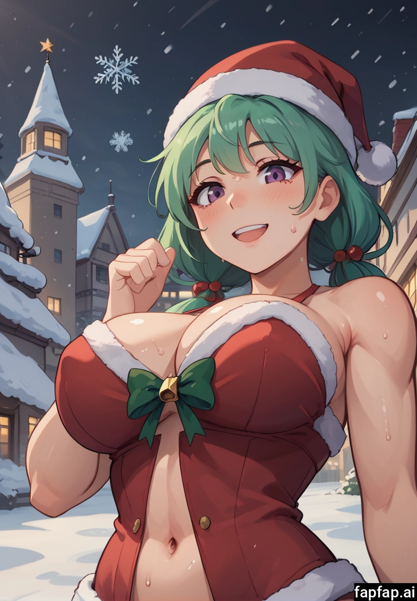 1girl, breasts, solo, navel, green hair, purple eyes · Yamete.gg
