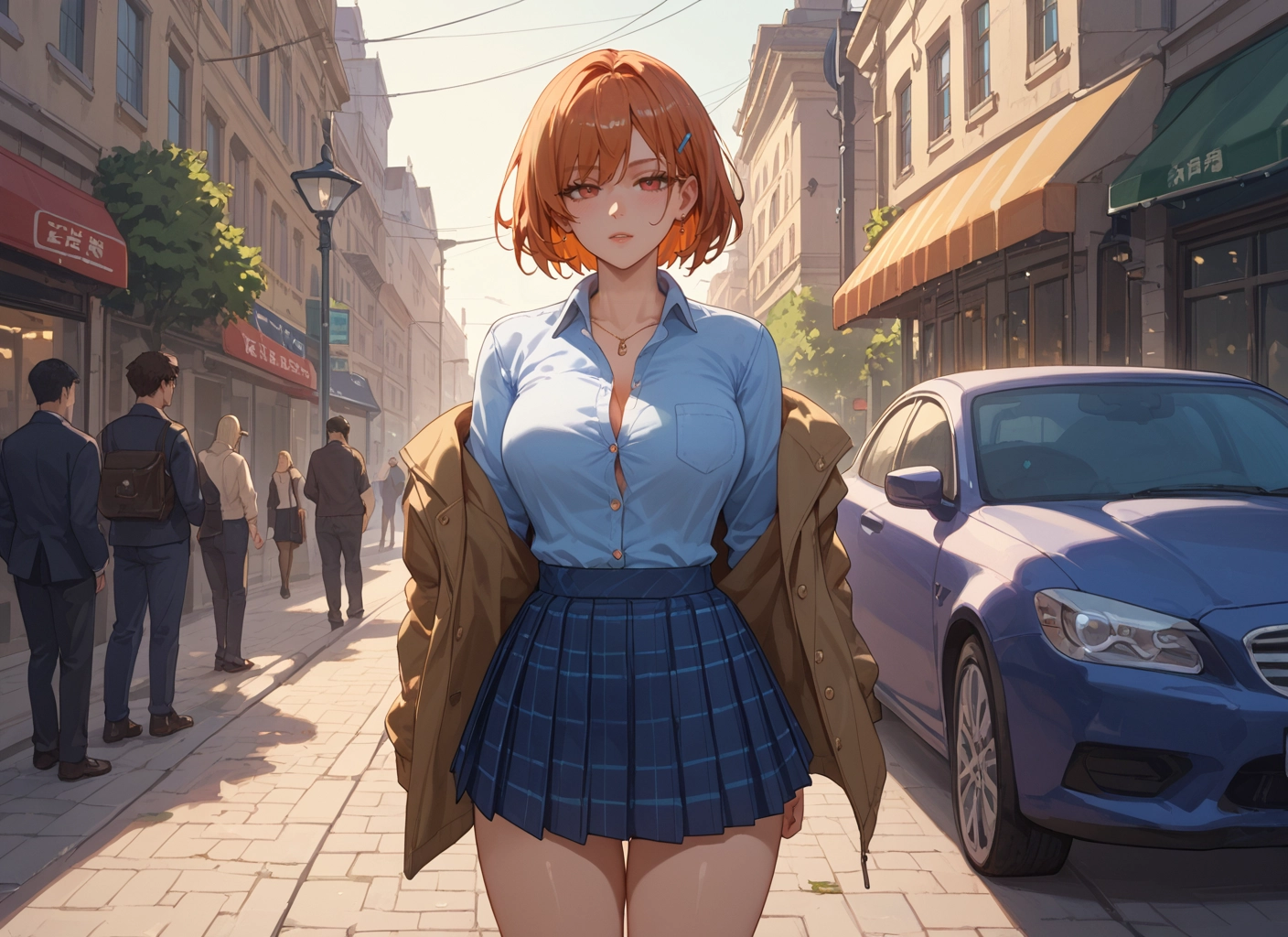 skirt, car, outdoors, motor vehicle, breasts, ground vehicle · Yamete.gg