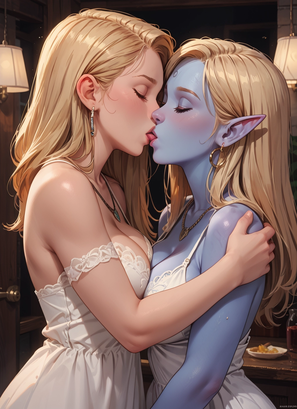 breasts, multiple girls, 2girls, pointy ears, yuri, jewelry · Yamete.gg