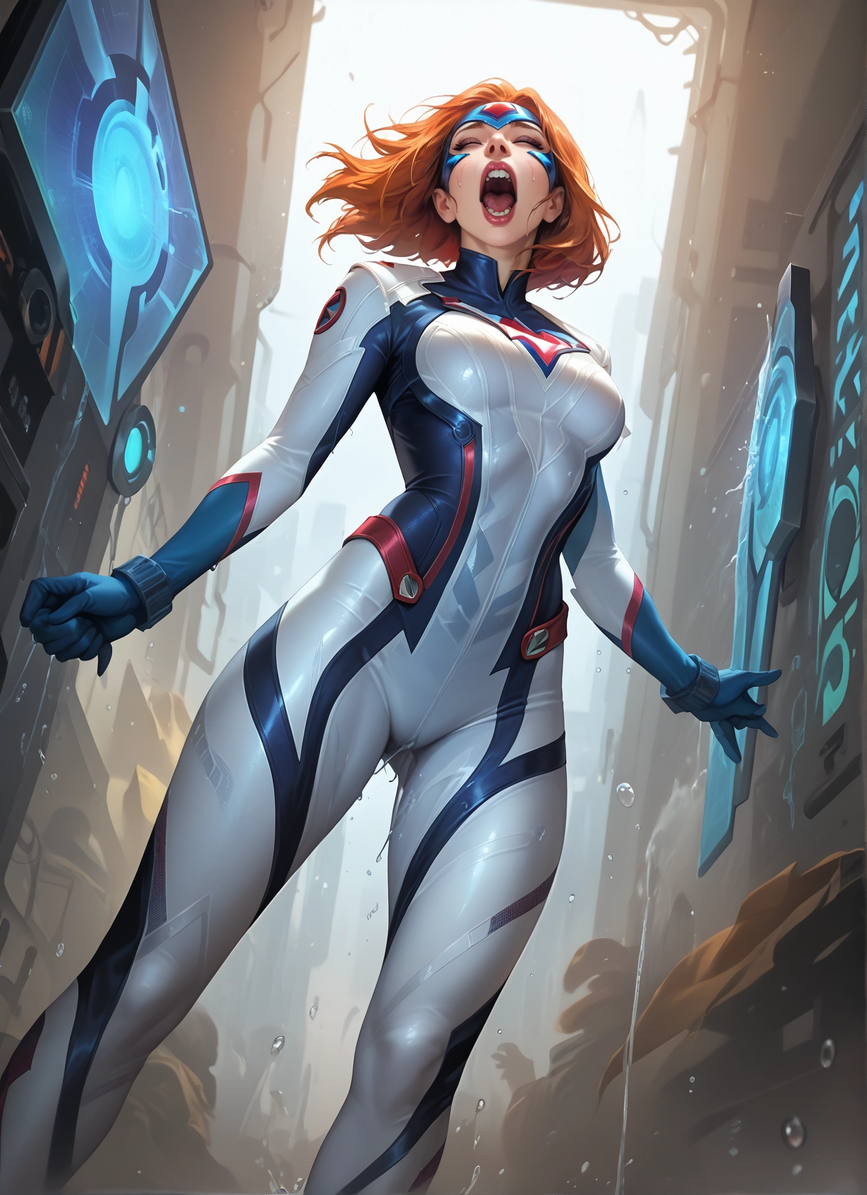 1girl, bodysuit, open mouth, closed eyes, breasts, solo · Yamete.gg