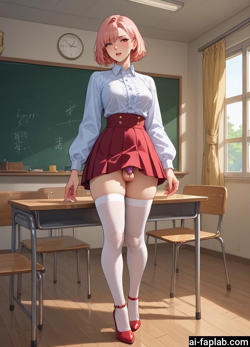 futanari, thighhighs, skirt, penis, pink hair, solo · Yamete.gg