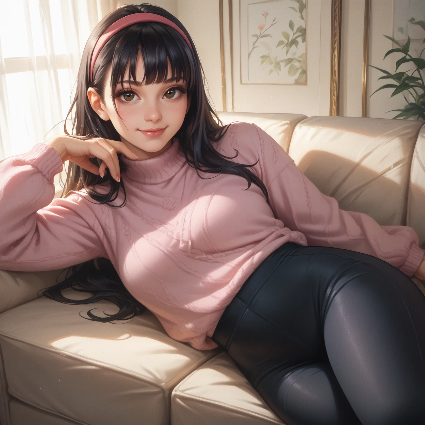 1girl, solo, long hair, sweater, hairband, black hair · Yamete.gg
