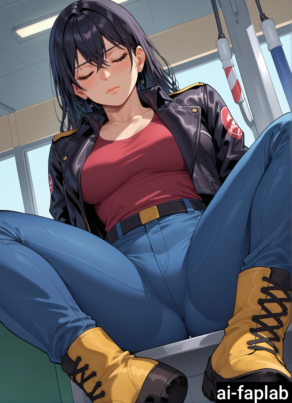 1girl, pants, closed eyes, solo, black hair, jacket · Yamete.gg