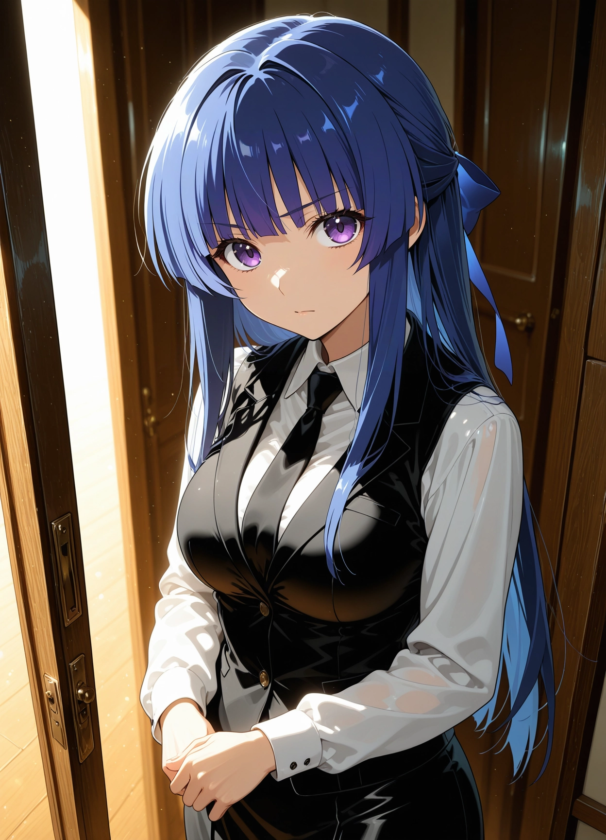 1girl, long hair, purple eyes, solo, necktie, looking at viewer · Yamete.gg