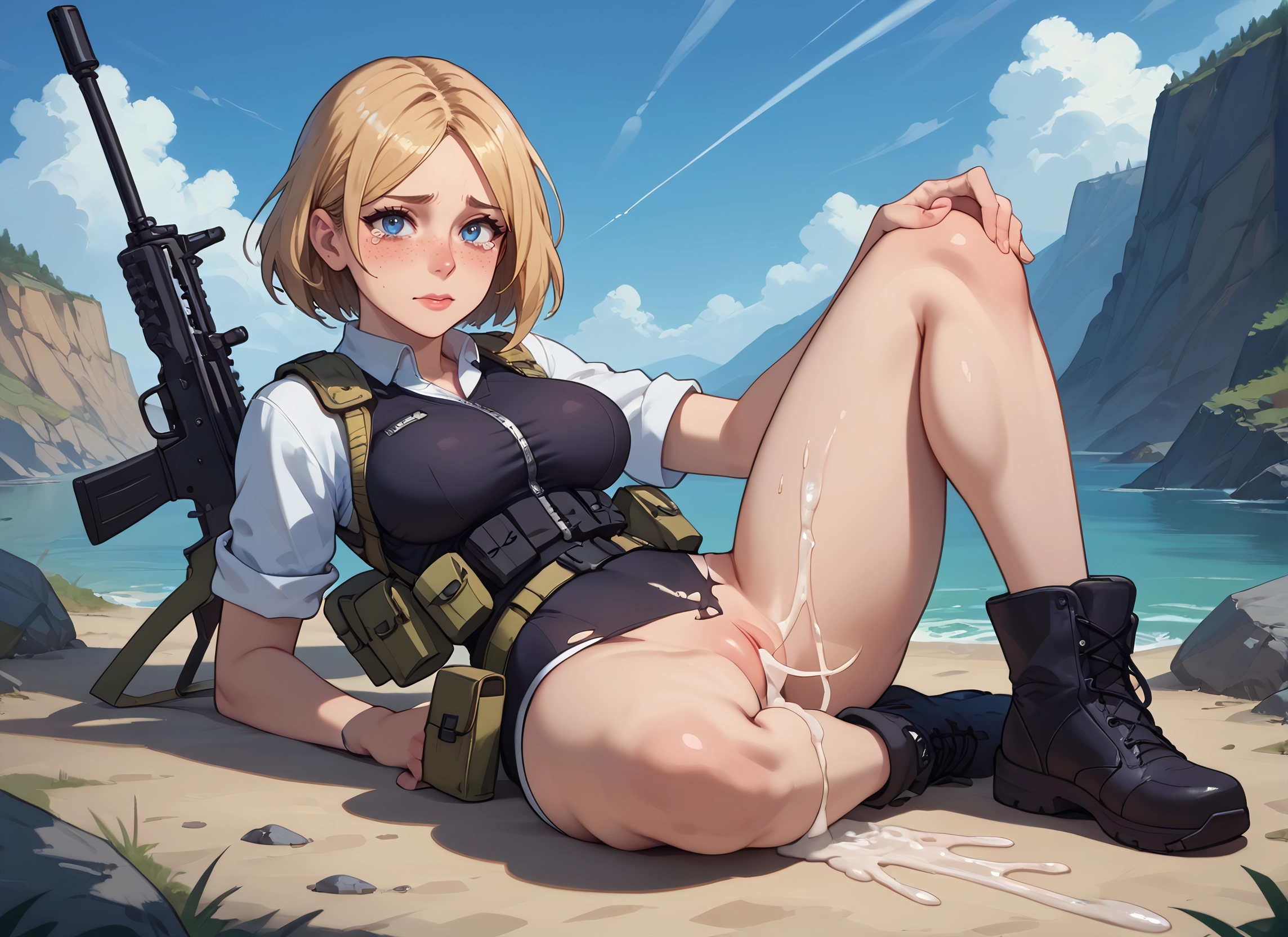 1girl, cum, gun, solo, weapon, blue eyes · Yamete.gg