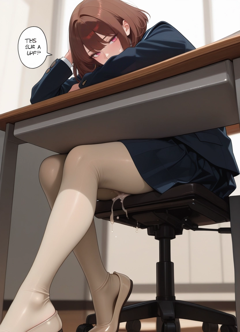 1girl, solo, sitting, pantyhose, skirt, brown hair · Yamete.gg