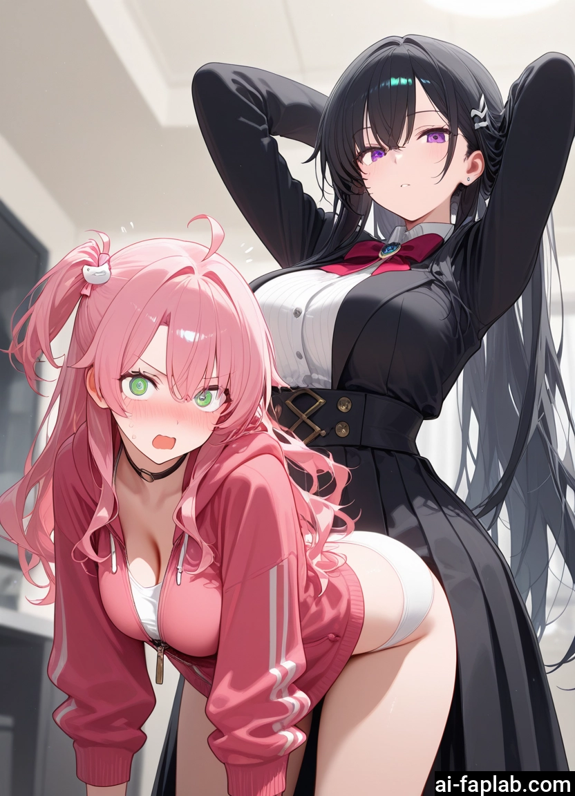 multiple girls, 2girls, breasts, green eyes, pink hair, black hair