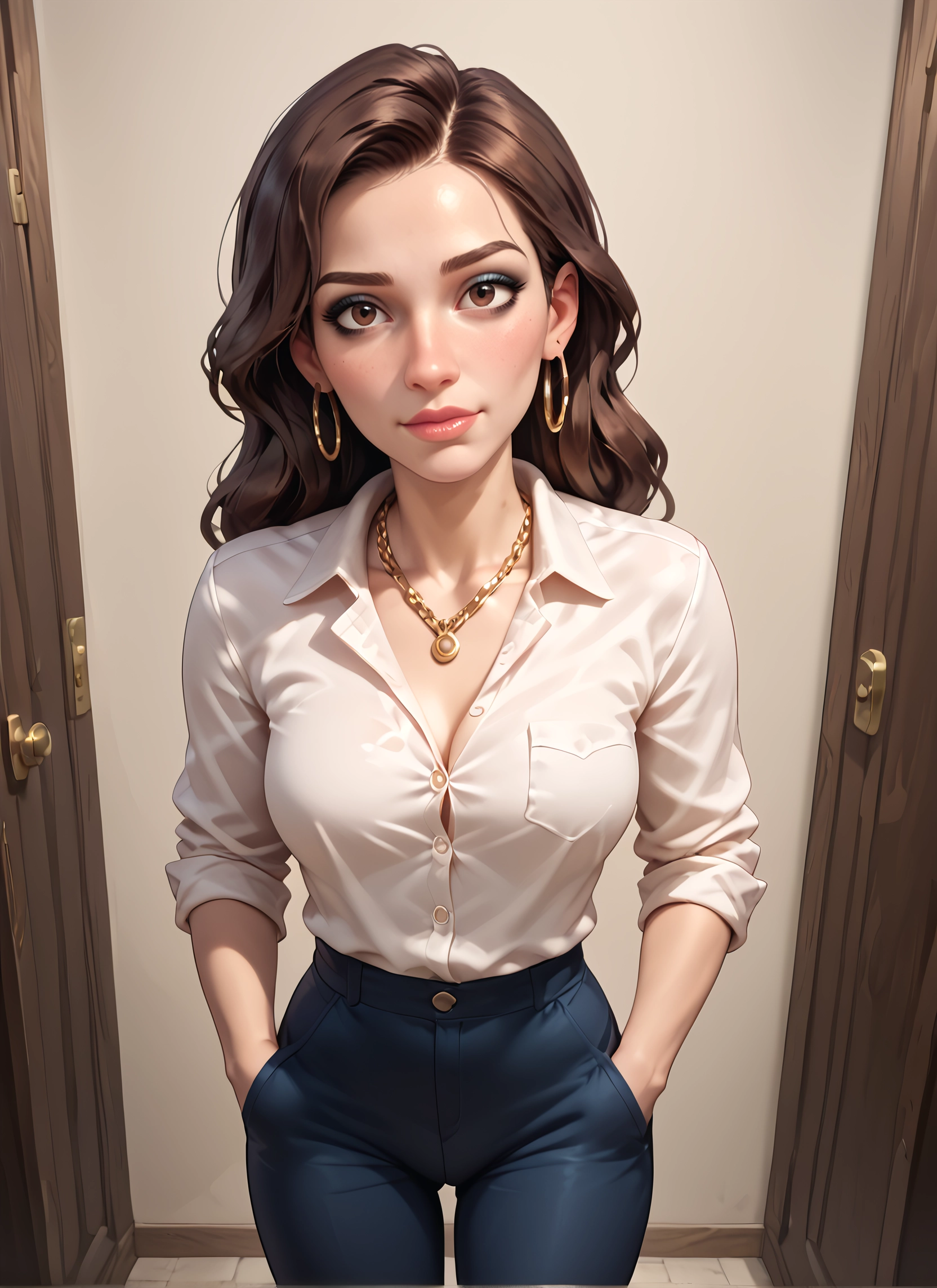 1girl, jewelry, breasts, earrings, brown hair, solo · Yamete.gg