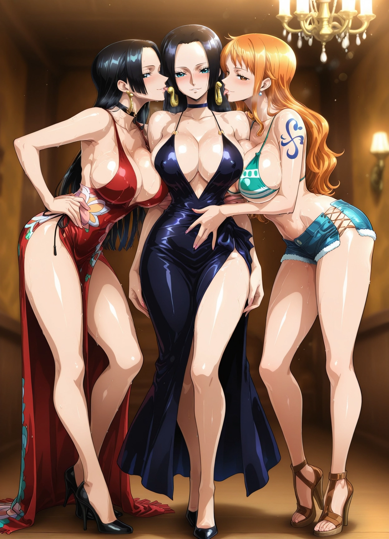 breasts, multiple girls, dress, jewelry, high heels, shorts · Yamete.gg