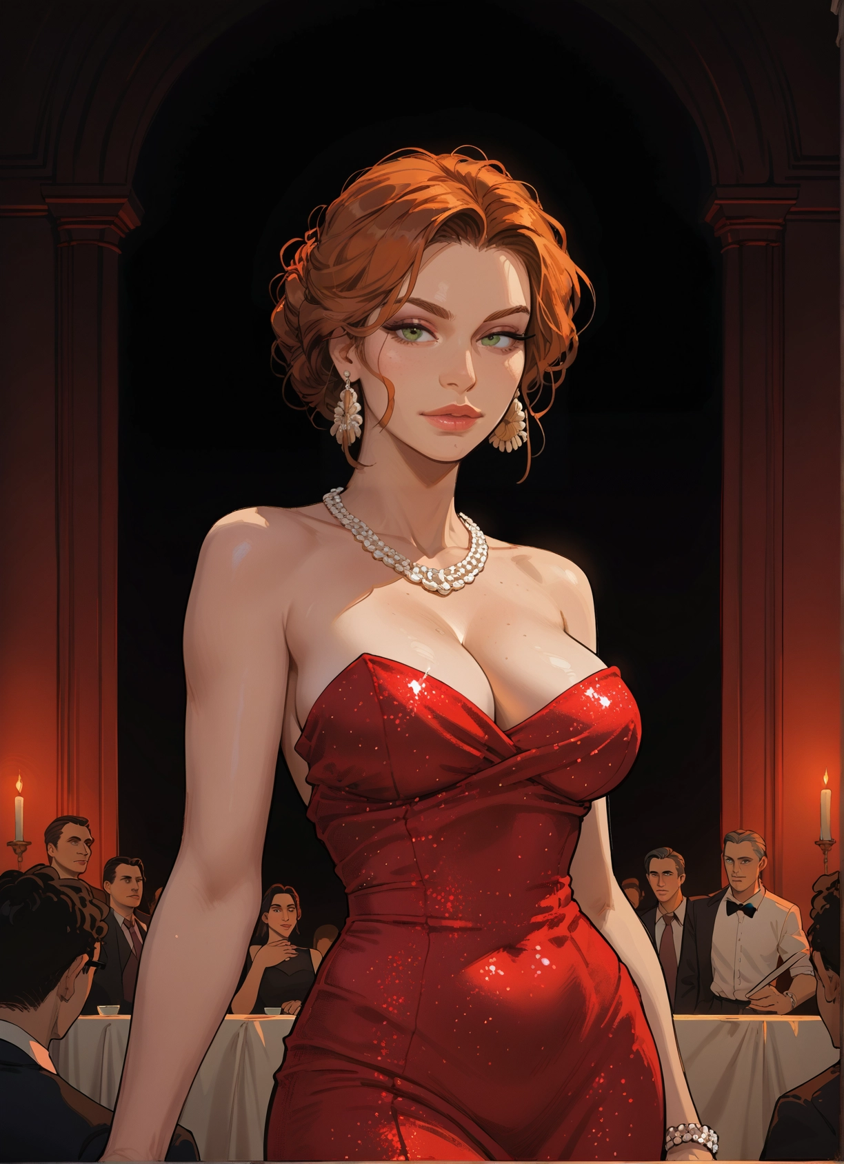 breasts, dress, jewelry, earrings, cleavage, necklace · Yamete.gg