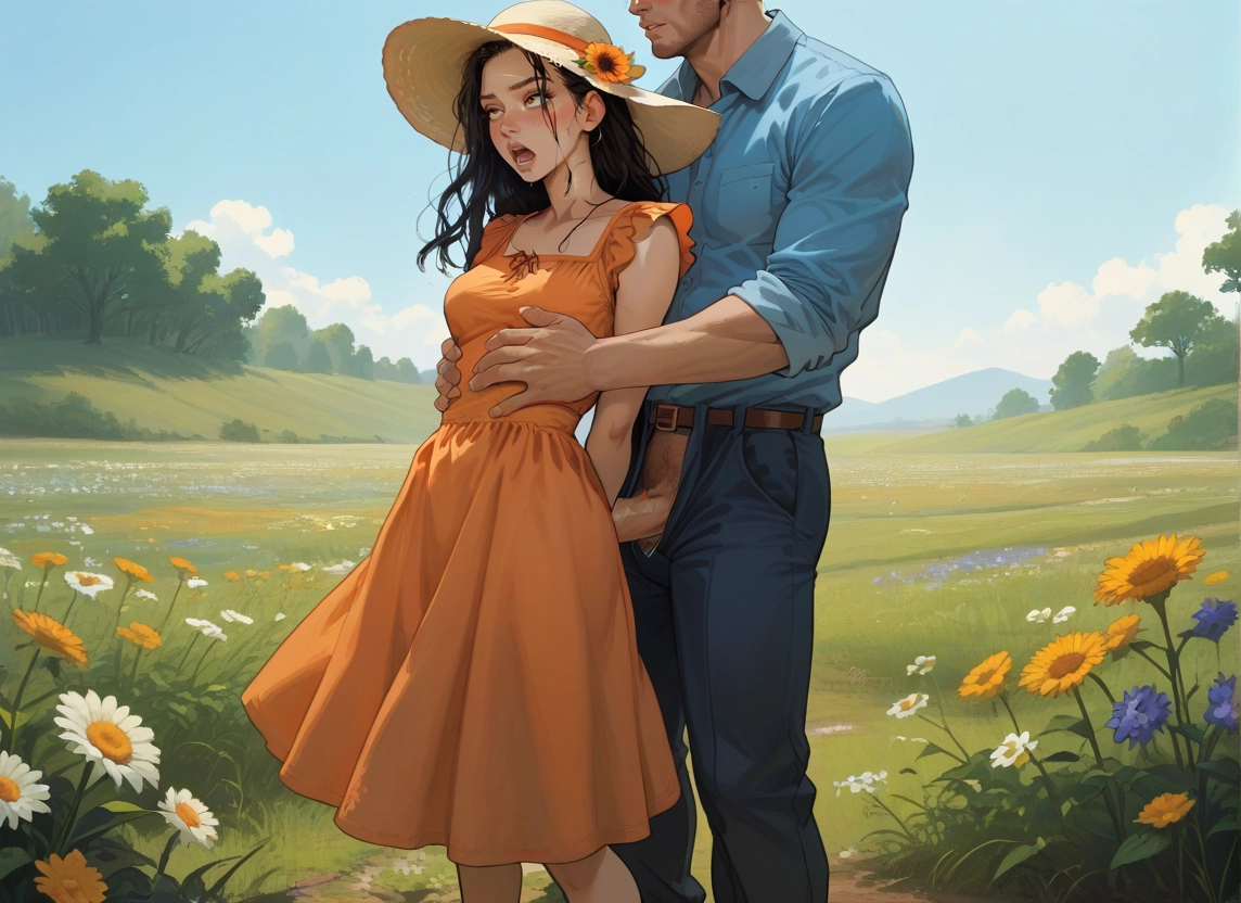 1girl, 1boy, hat, dress, flower, outdoors · Yamete.gg