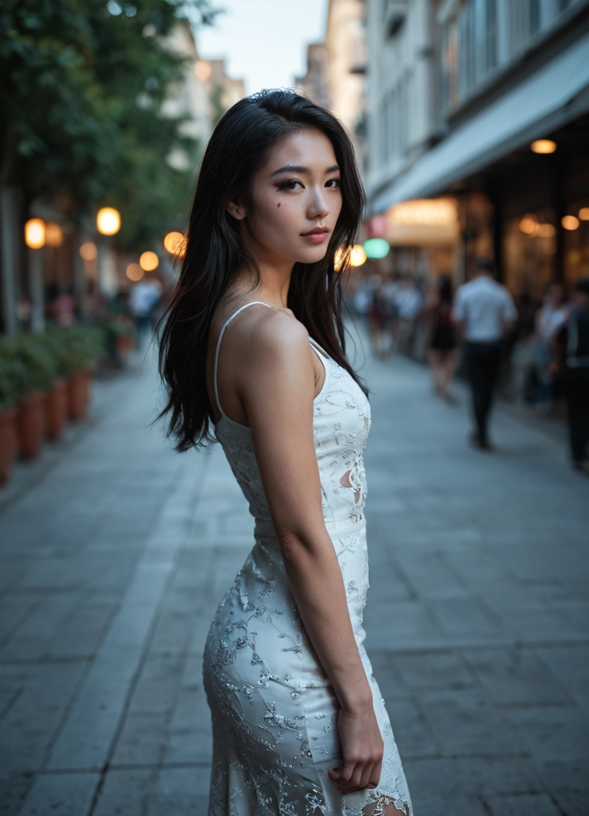 1girl, dress, long hair, black hair, blurry, realistic · Yamete.gg