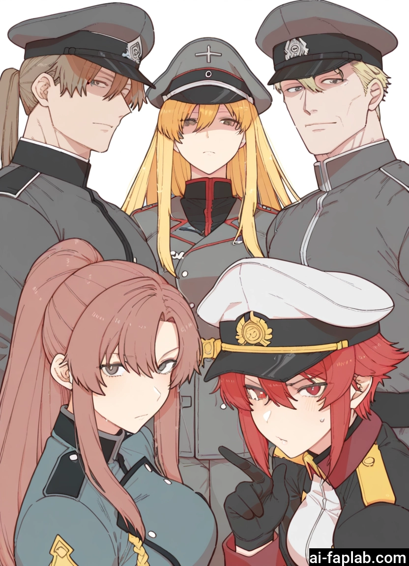 multiple girls, blonde hair, hat, multiple boys, red hair, uniform