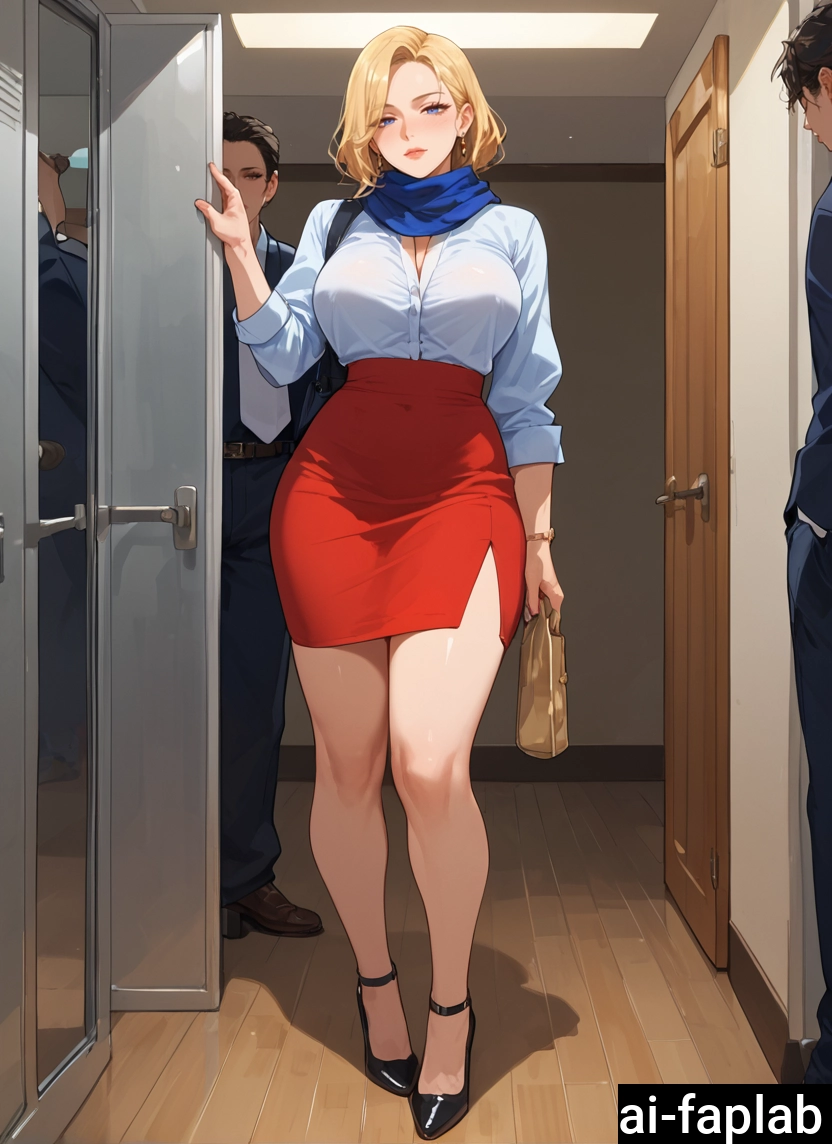 1girl, skirt, breasts, red skirt, blonde hair, shirt