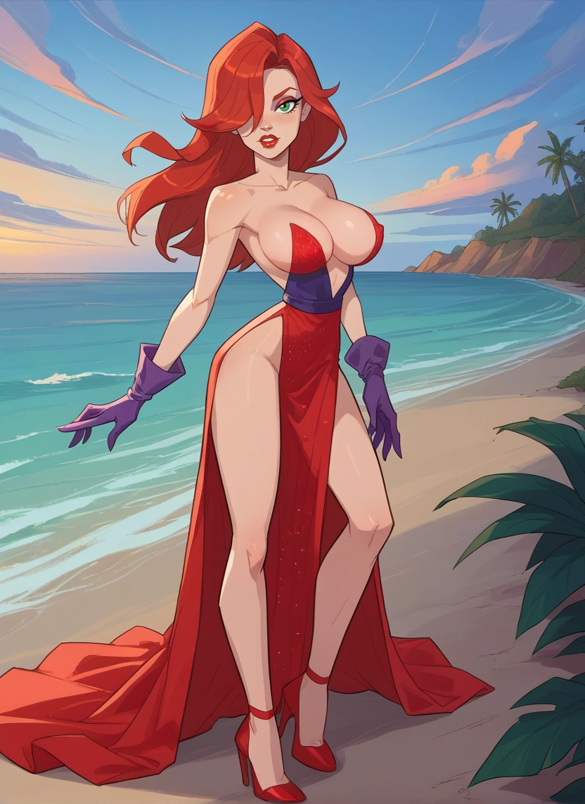 1girl, breasts, gloves, dress, green eyes, high heels · Yamete.gg