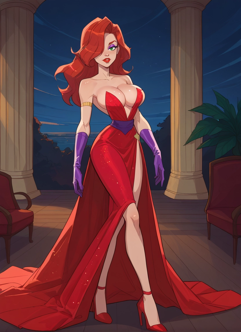 1girl, breasts, dress, gloves, hair over one eye, green eyes · Yamete.gg