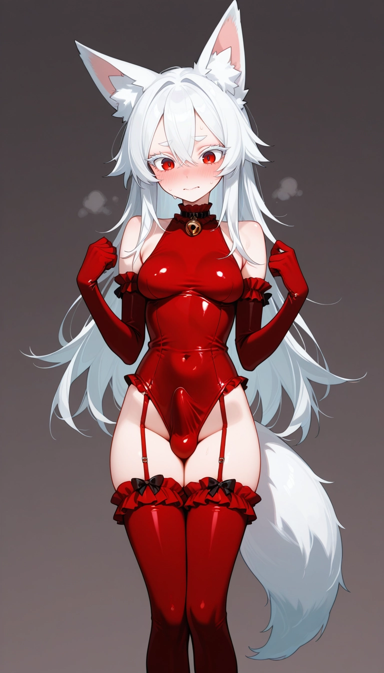 gloves, red thighhighs, thighhighs, red eyes, solo, elbow gloves