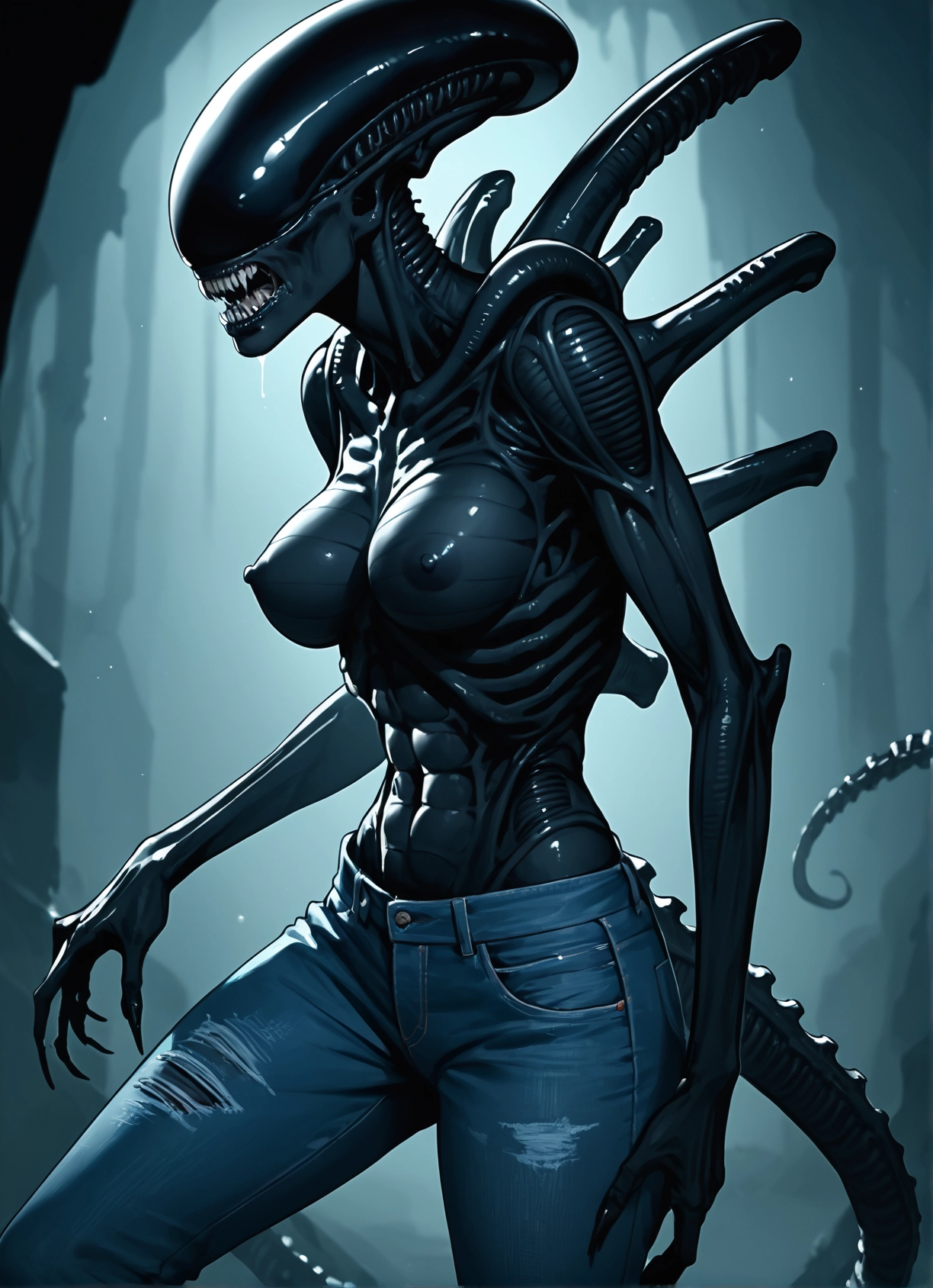 1girl, pants, breasts, denim, jeans, teeth · Yamete.gg