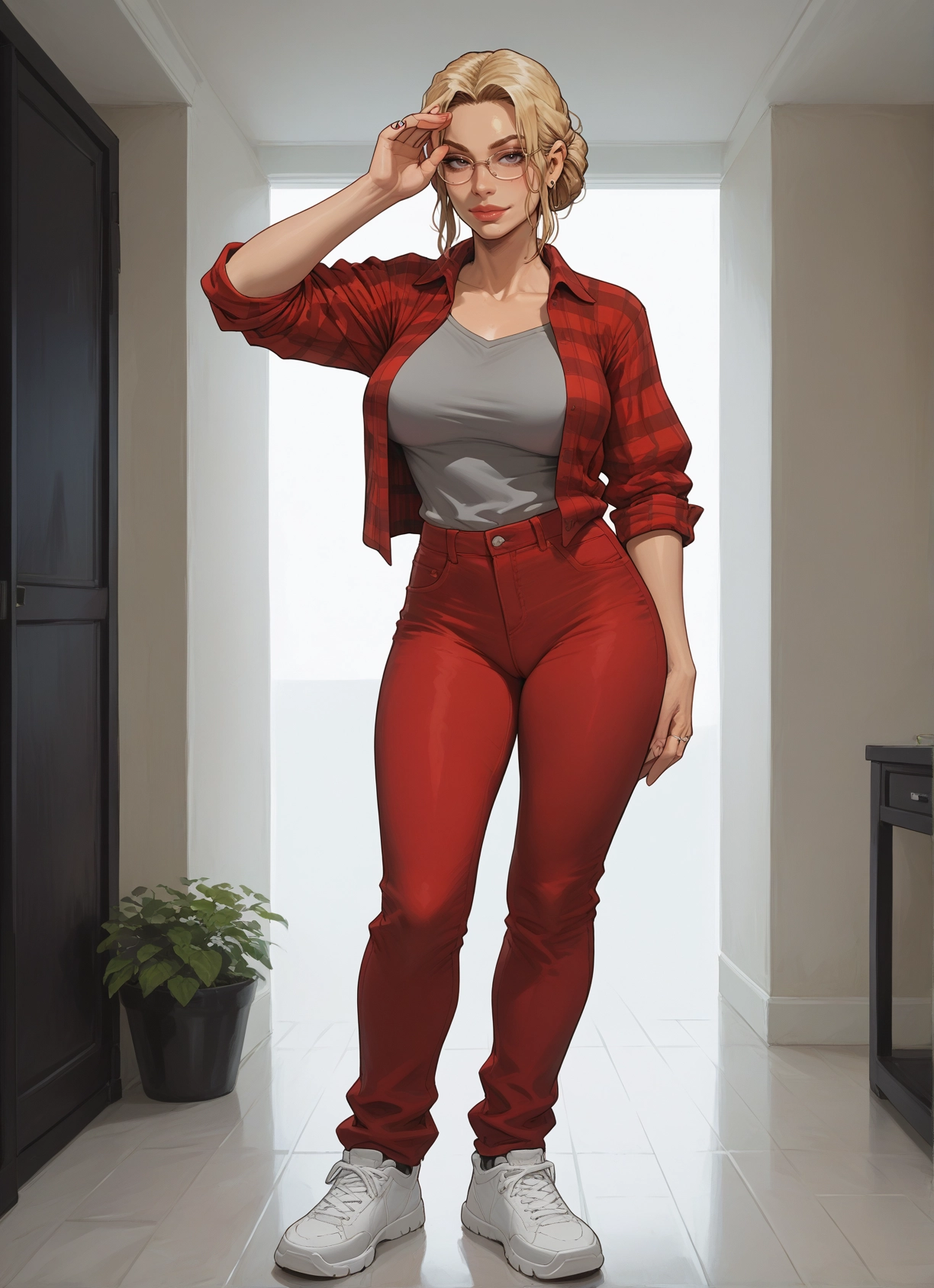 1girl, blonde hair, breasts, glasses, jewelry, pants · Yamete.gg