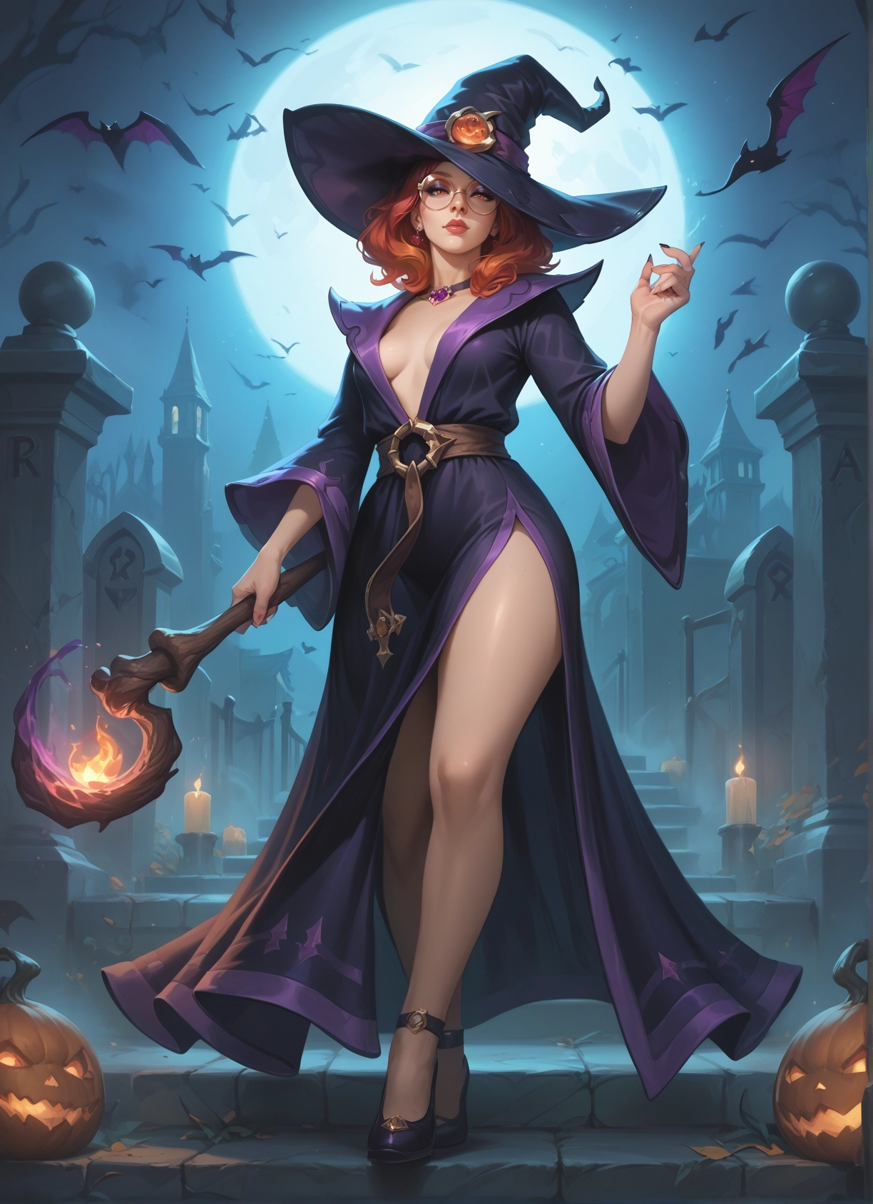 1girl, hat, witch hat, moon, breasts, solo · Yamete.gg