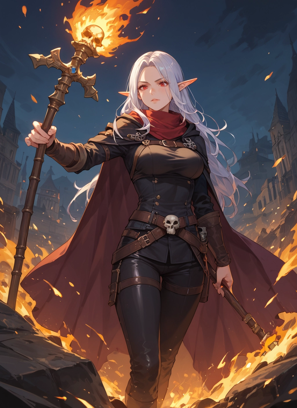 1girl, pointy ears, red eyes, long hair, solo, fire · Yamete.gg