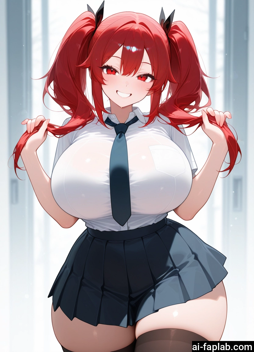 1girl, breasts, skirt, twintails, smile, red eyes