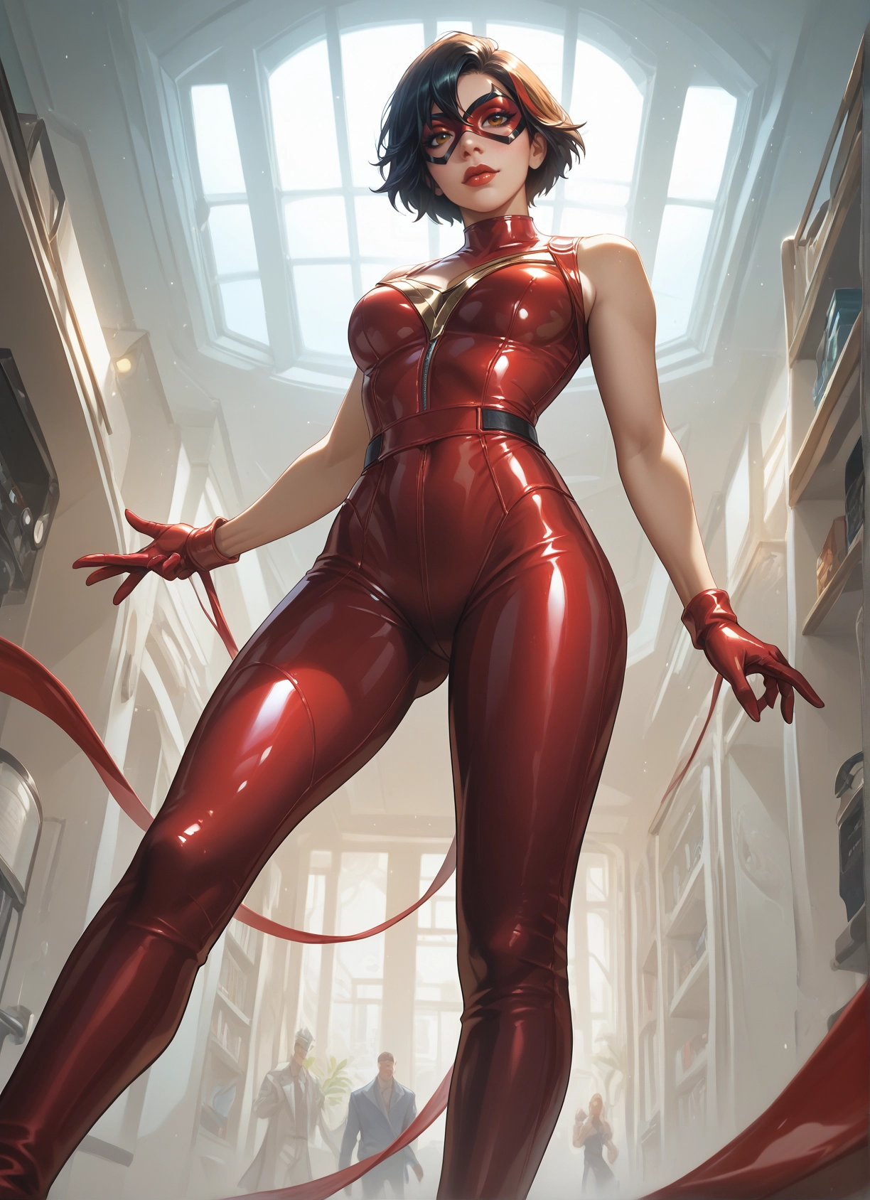 gloves, mask, short hair, bodysuit, breasts, 1girl · Yamete.gg