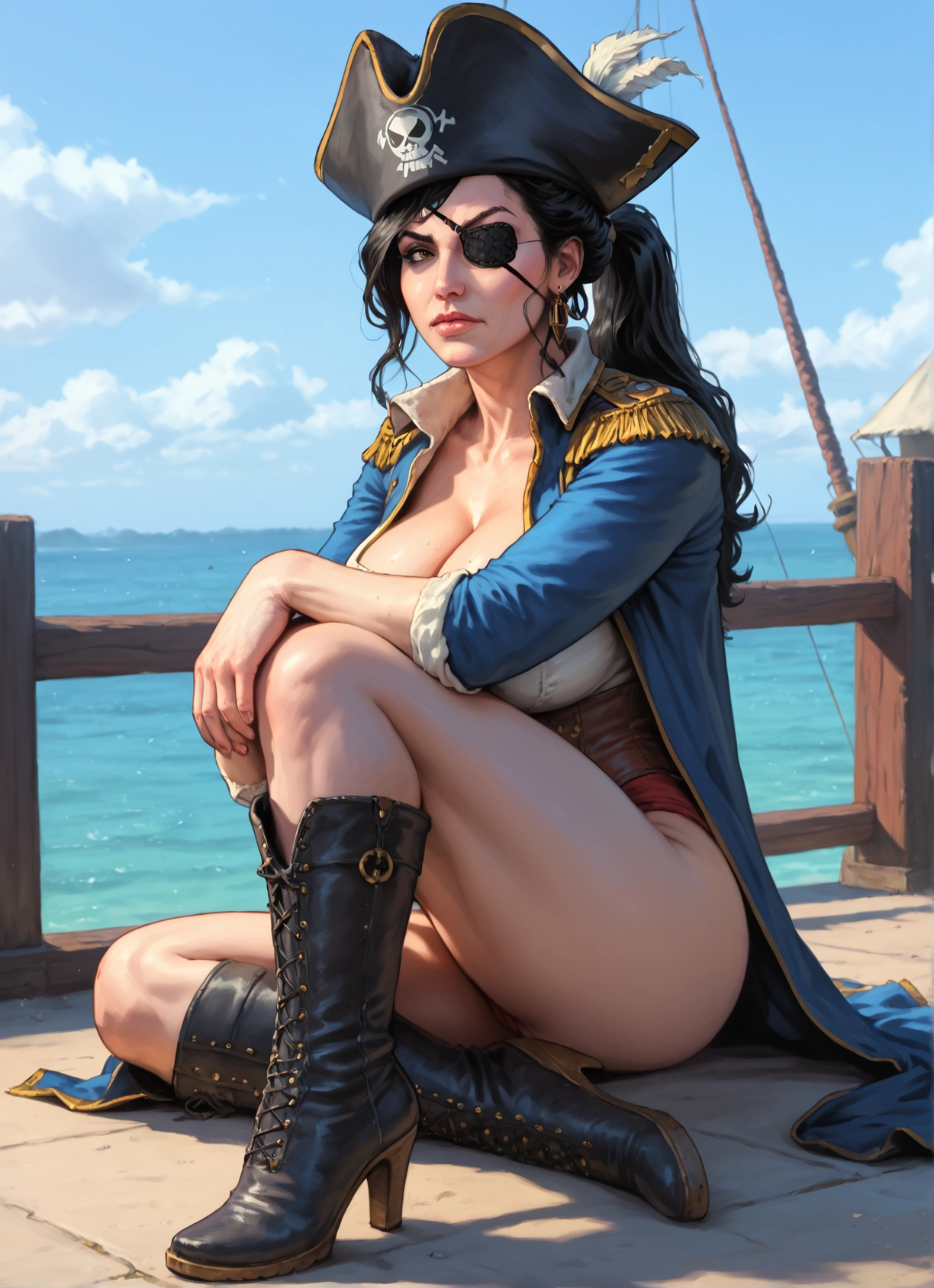 1girl, breasts, eyepatch, boots, hat, cleavage · Yamete.gg