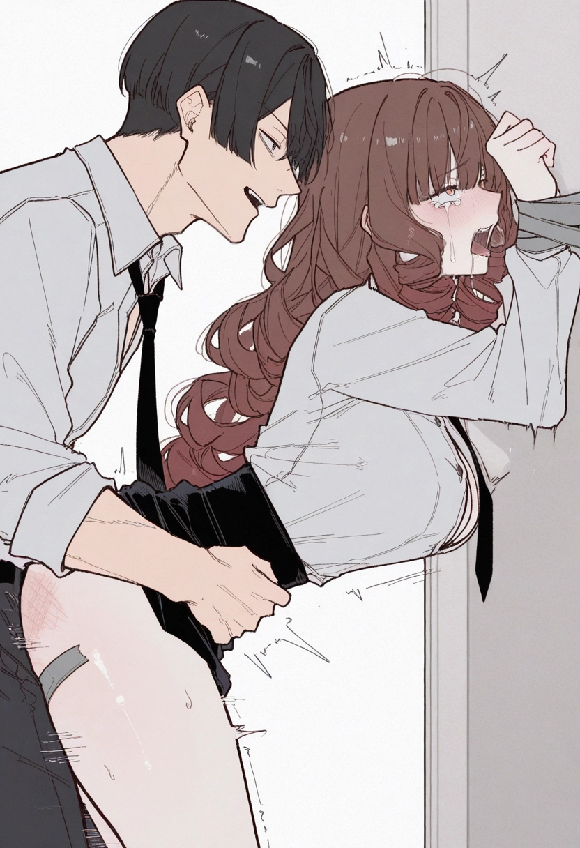 1girl, 1boy, hetero, skirt, necktie, crying with eyes open