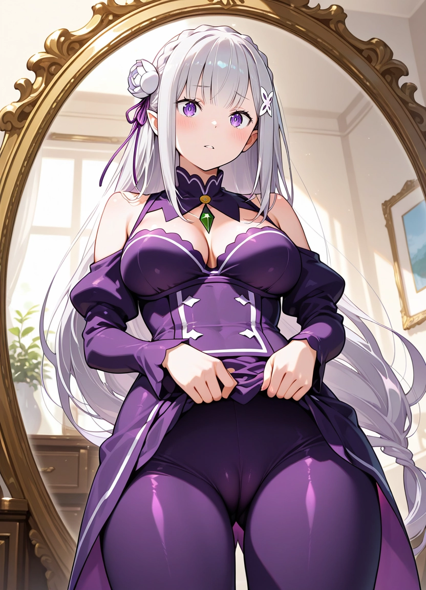1girl, emilia (re:zero), bangs, breasts, solo, ribbon