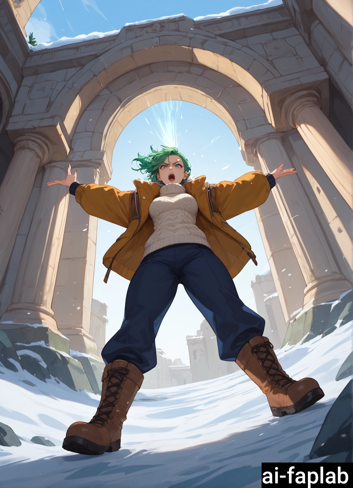 1girl, boots, green hair, solo, brown footwear, from below · Yamete.gg