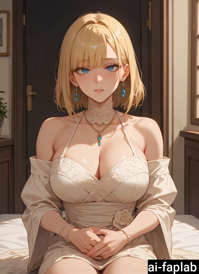 1girl, breasts, jewelry, blonde hair, solo, blue eyes
