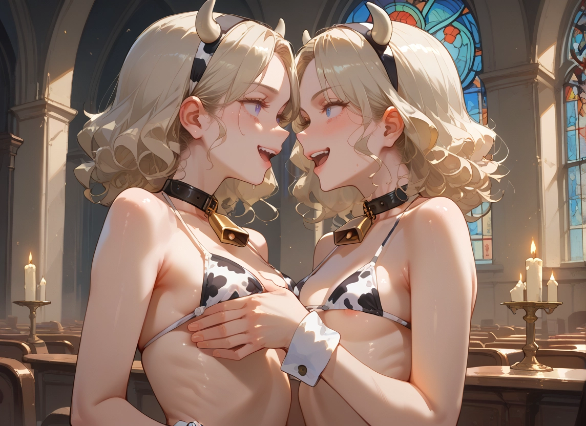 multiple girls, 2girls, animal print, cow print, horns, swimsuit · Yamete.gg