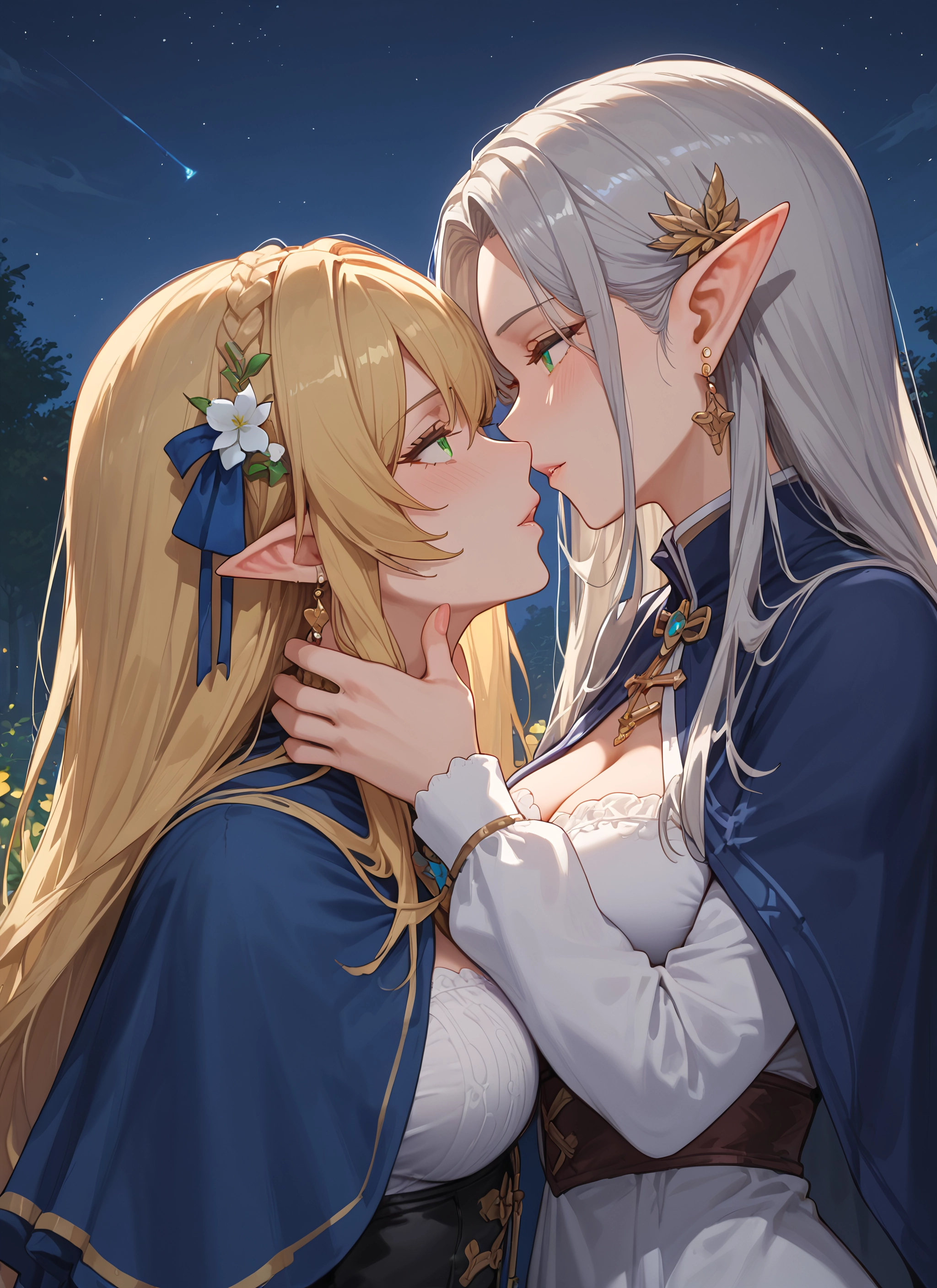 multiple girls, 2girls, pointy ears, breasts, blonde hair, yuri · Yamete.gg