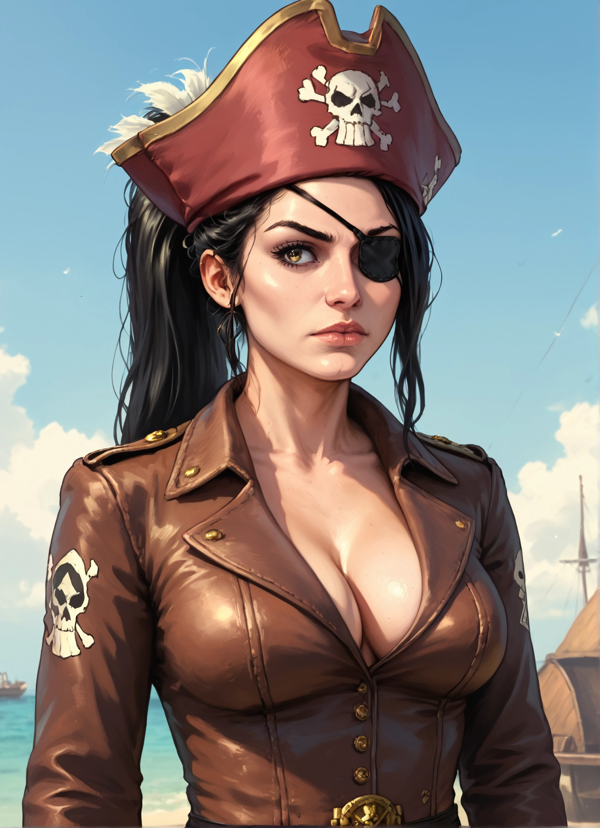 1girl, breasts, eyepatch, solo, hat, cleavage