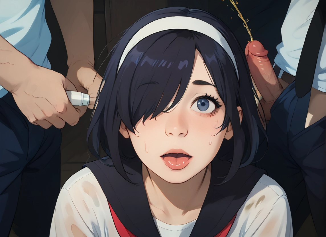 1girl, uncensored, multiple boys, penis, hair over one eye, black hair · Yamete.gg