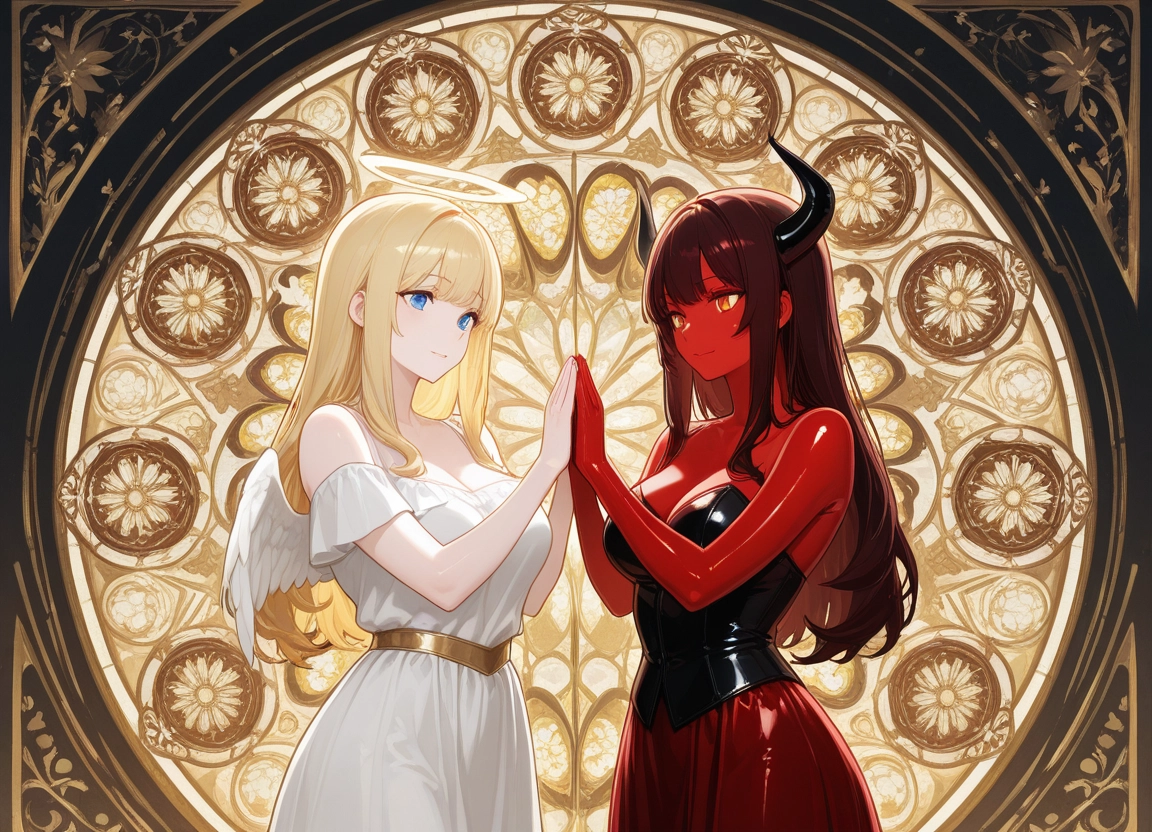 multiple girls, 2girls, horns, blonde hair, dress, breasts · Yamete.gg